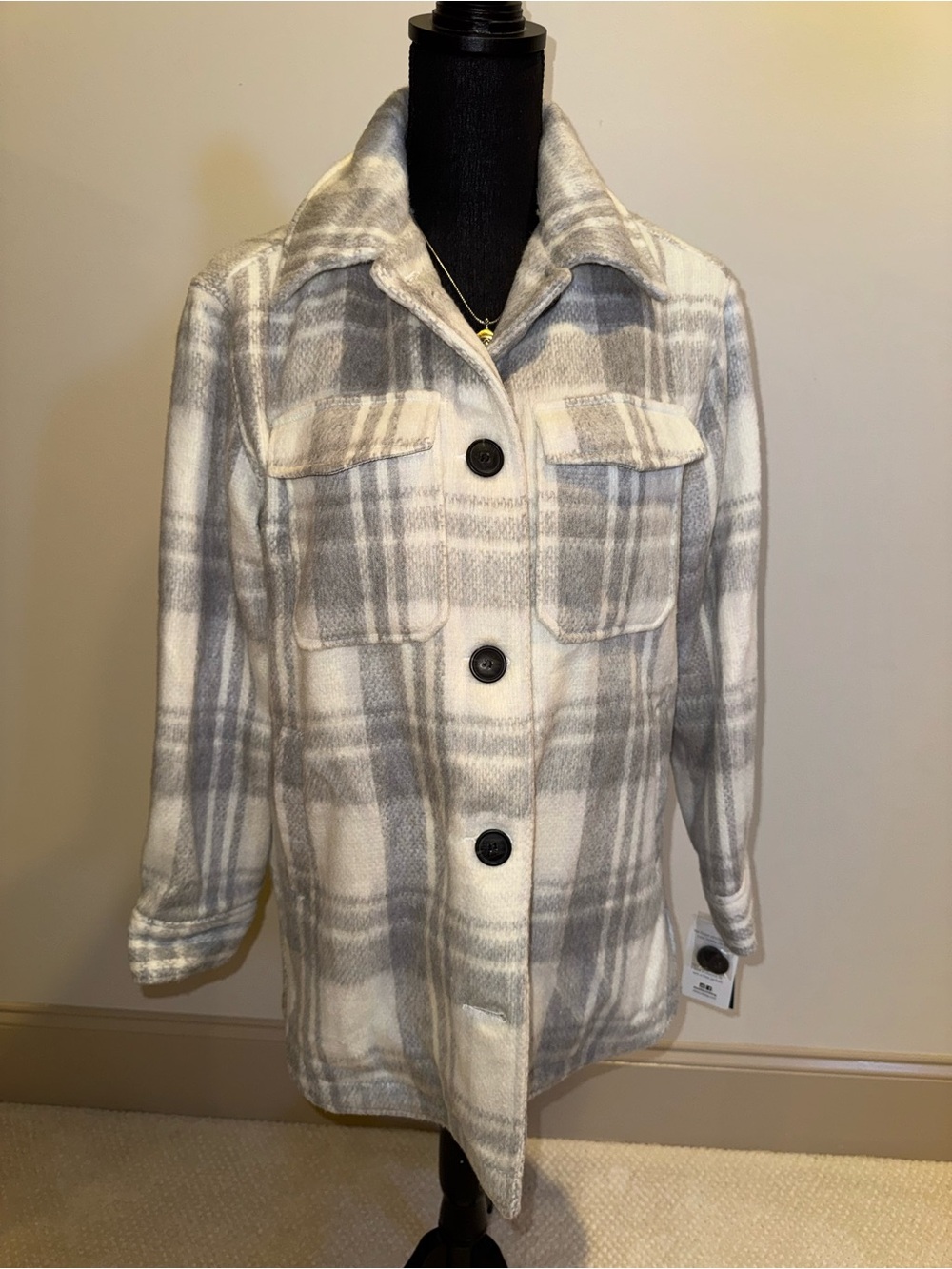 Sebby Gray & Cream Plaid Button-Front Pea Coat